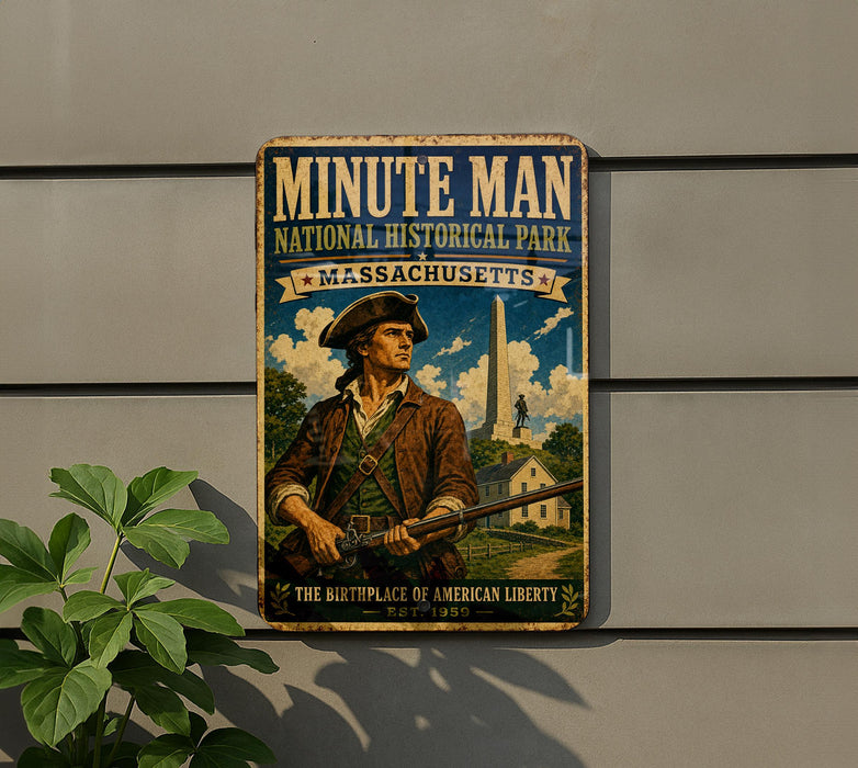 a vintage-style metal sign with a historical theme, depicting a man in a historical outfit and a rifle, mounted on a wall.