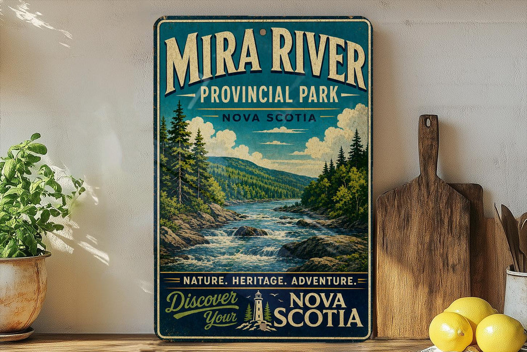 a vintage-style metal sign for Mira River Provincial Park in Nova Scotia, with a scenic illustration of a river surrounded by pine trees and mountains.