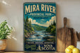 a vintage-style metal sign for Mira River Provincial Park in Nova Scotia, with a scenic illustration of a river surrounded by pine trees and mountains.