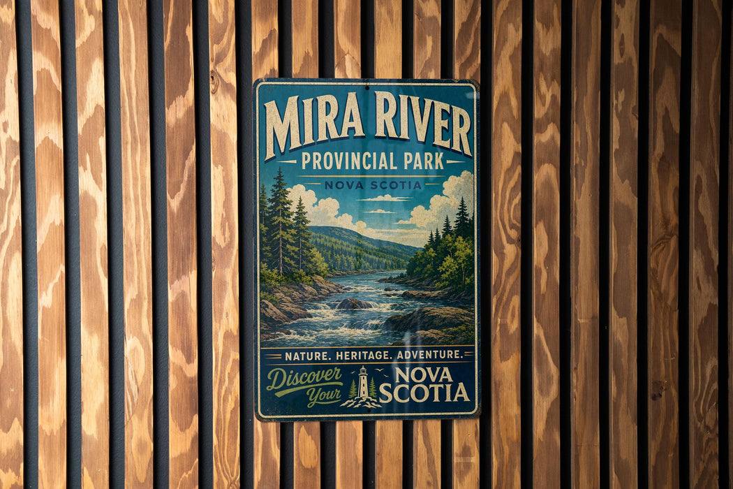 A vintage-style metal sign for Mira River Provincial Park in Nova Scotia, featuring a scenic landscape with a river, mountains, and pine trees.