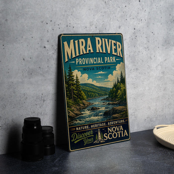 A vintage-style metal sign for the Mira River Provincial Park in Nova Scotia, featuring a scenic illustration of the river surrounded by pine trees and mountains.