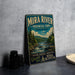 A vintage-style metal sign for the Mira River Provincial Park in Nova Scotia, featuring a scenic illustration of the river surrounded by pine trees and mountains.