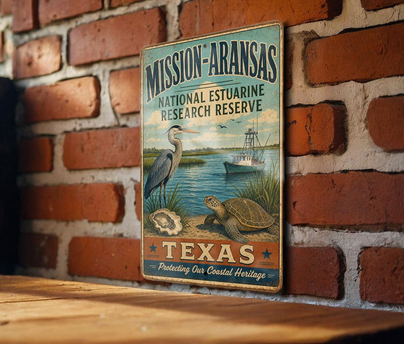 A vintage-style metal sign for Mission Aransas National Estuarine Research Reserve in Texas, featuring illustrations of a heron and a turtle, mounted on a brick wall.