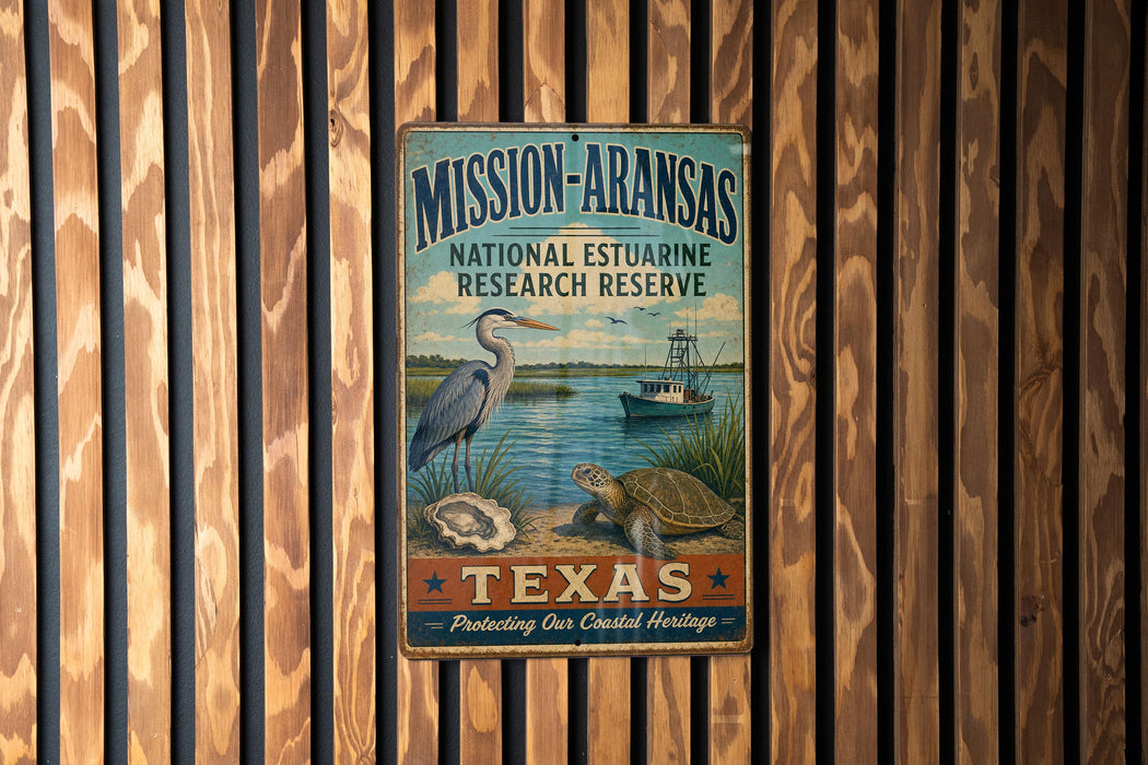 A vintage-style metal sign for the Mission-Aransas National Estuarine Research Reserve in Texas, featuring an illustration of a crane, a turtle, and a boat on a body of water.