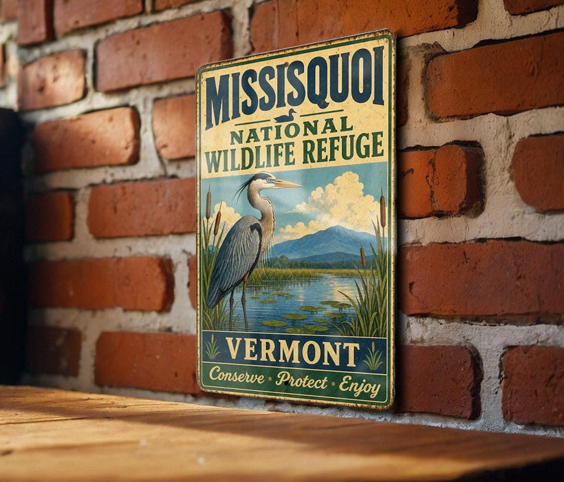 A vintage metal sign for the Mississippi National Wildlife Refuge in Vermont, featuring a heron and a scenic landscape.