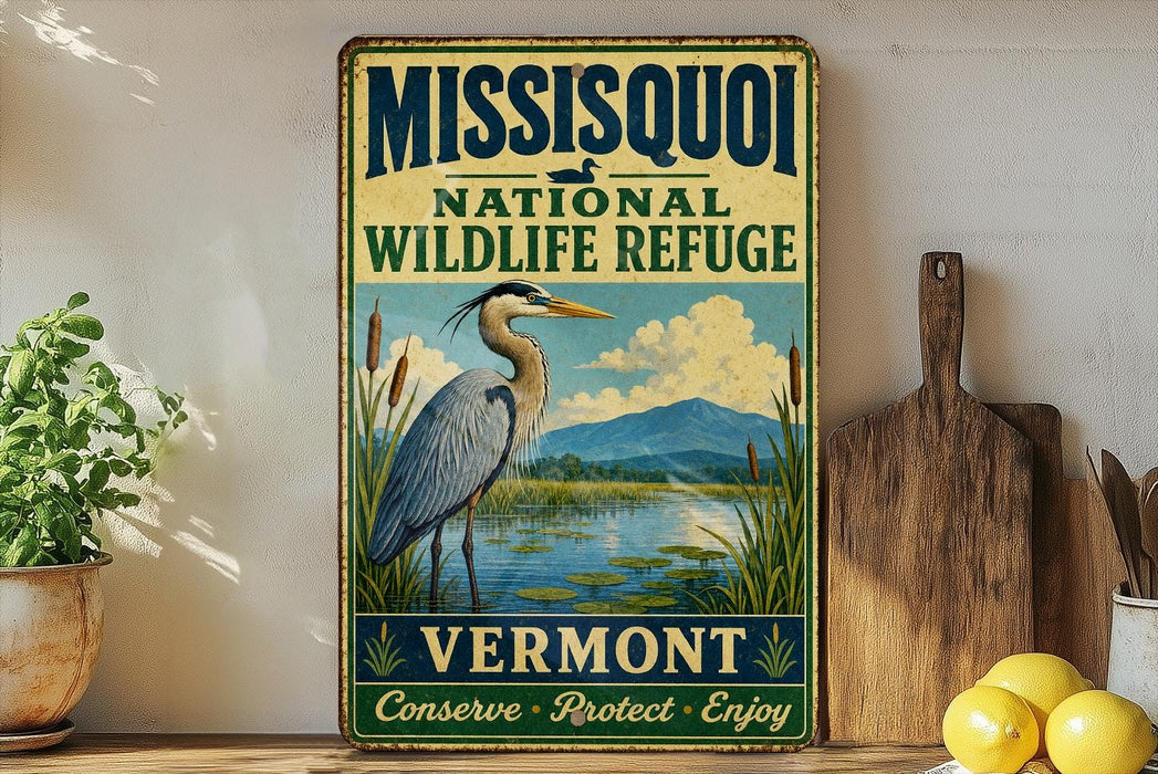 A vintage-style metal sign for the Missoula National Wildlife Refuge in Vermont, featuring an illustration of a heron in a marshy area with mountains in the background.