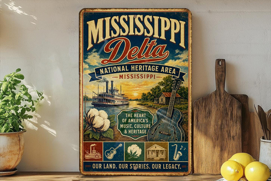 A vintage-style poster advertising the Mississippi Delta National Heritage Area in Mississippi, featuring illustrations of a river, a house, a boat, and musical instruments.