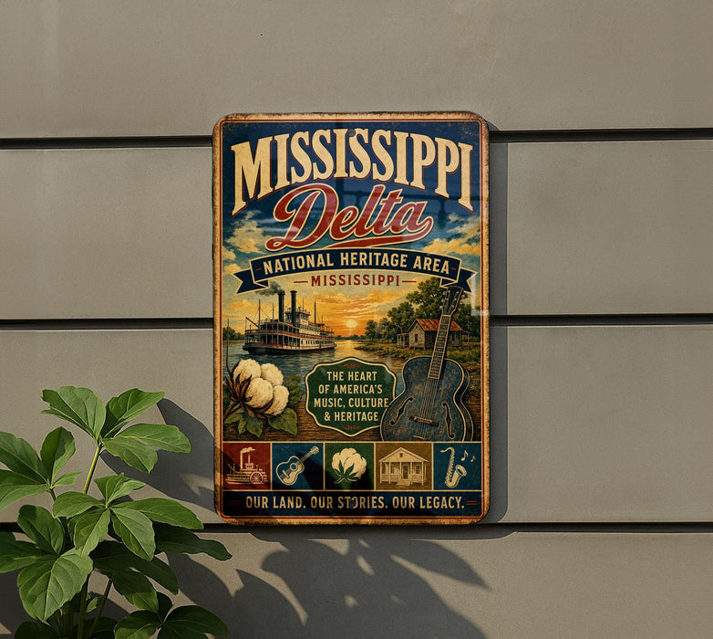 A vintage-style metal sign for the Mississippi Delta National Heritage Area in Mississippi, featuring illustrations of a river, a steamboat, cotton, and a guitar.