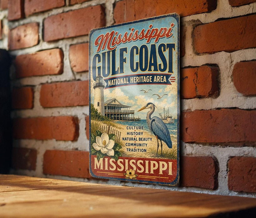 A vintage-style sign for the Mississippi Gulf Coast National Heritage Area, featuring a lighthouse, boats, and a bird, is displayed on a brick wall.
