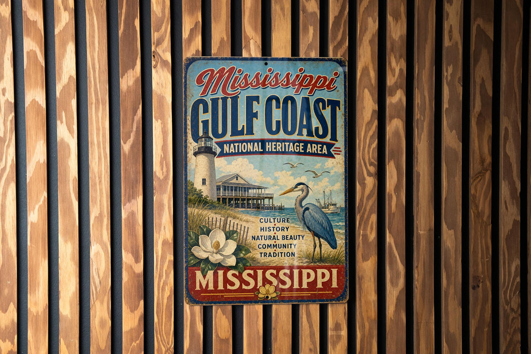 A vintage-style sign for the Mississippi Gulf Coast National Heritage Area, featuring a lighthouse, a bird, and a coastal scene.