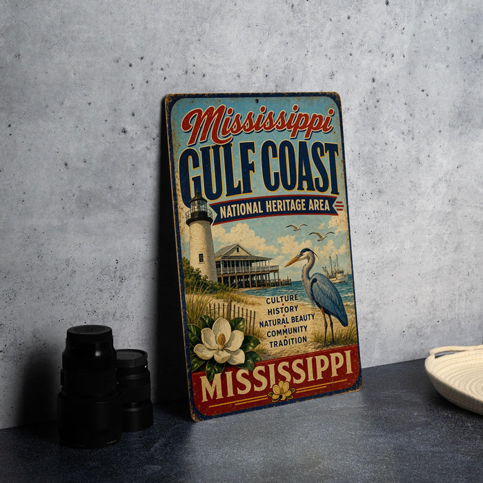 A vintage-style sign for the Mississippi Gulf Coast National Heritage Area, featuring a lighthouse, boats, and a bird, is displayed on a gray surface.
