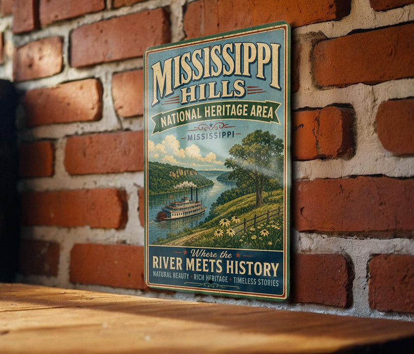 A vintage-style metal sign for the Mississippi Hills National Heritage Area, featuring a scenic illustration of a river and surrounding landscape.