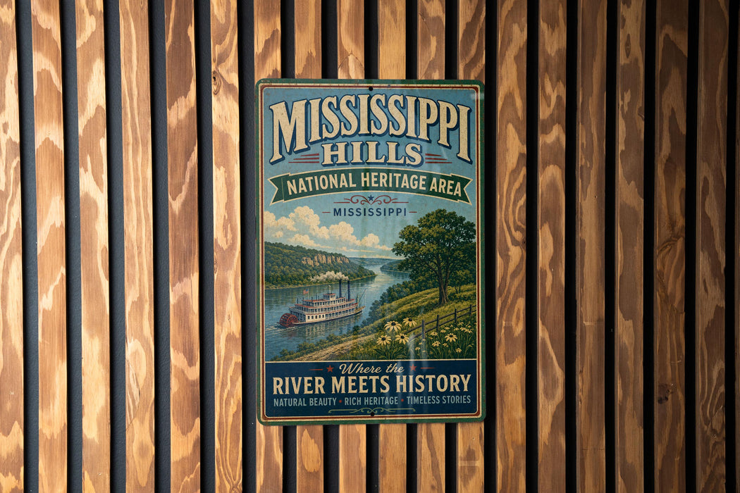 A vintage-style metal sign for the Mississippi Hills National Heritage Area in Mississippi, featuring a scenic illustration of a river and a steamboat.