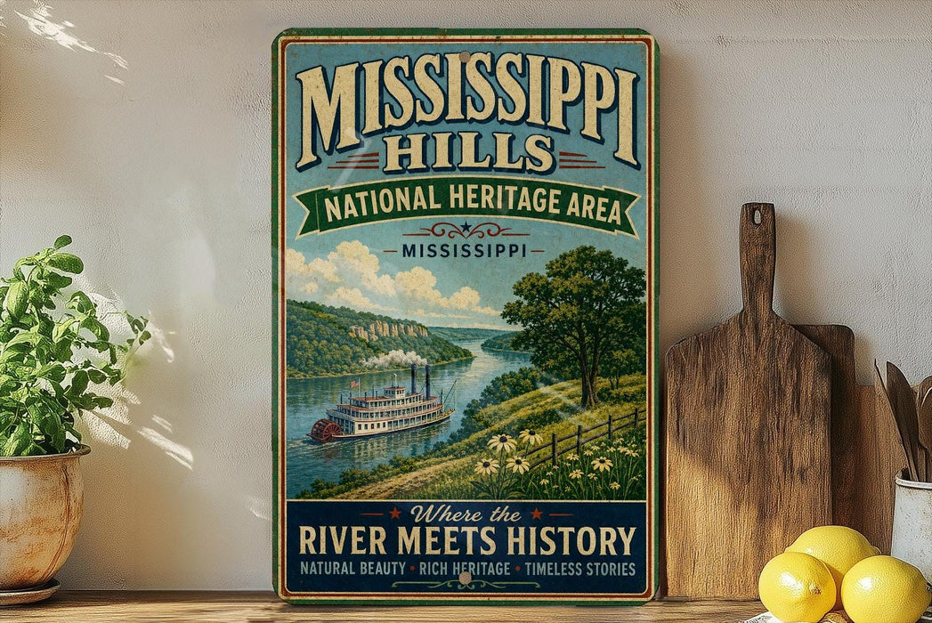 A vintage-style metal sign for the Mississippi Hills National Heritage Area, featuring a scenic illustration of a river and a steamboat, with the text "Where the RIVER MEETS HISTORY" and "NATURAL BEAUTY * RICH HERITAGE * TIMELESS STORIES".