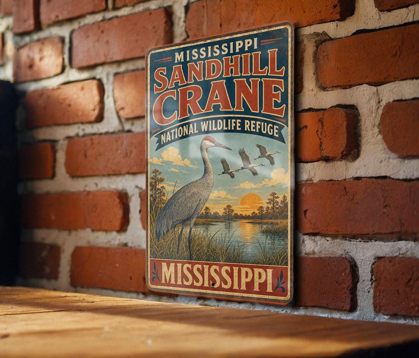 A vintage-style metal sign for the Sandhill Crane National Wildlife Refuge in Mississippi, featuring an illustration of a crane standing on a grassy bank with a sunset in the background.