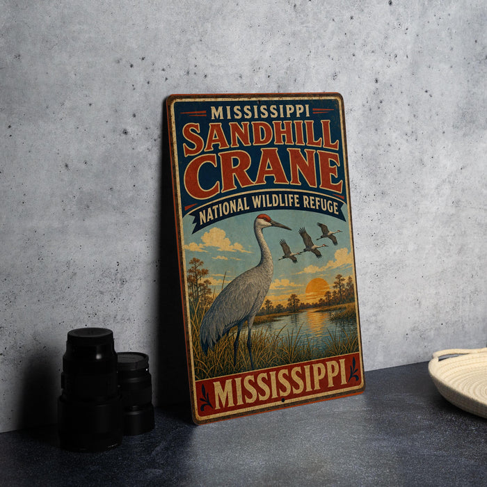 A vintage-style metal sign for the Sandhill Crane National Wildlife Refuge in Mississippi, featuring an illustration of a crane and birds in flight.