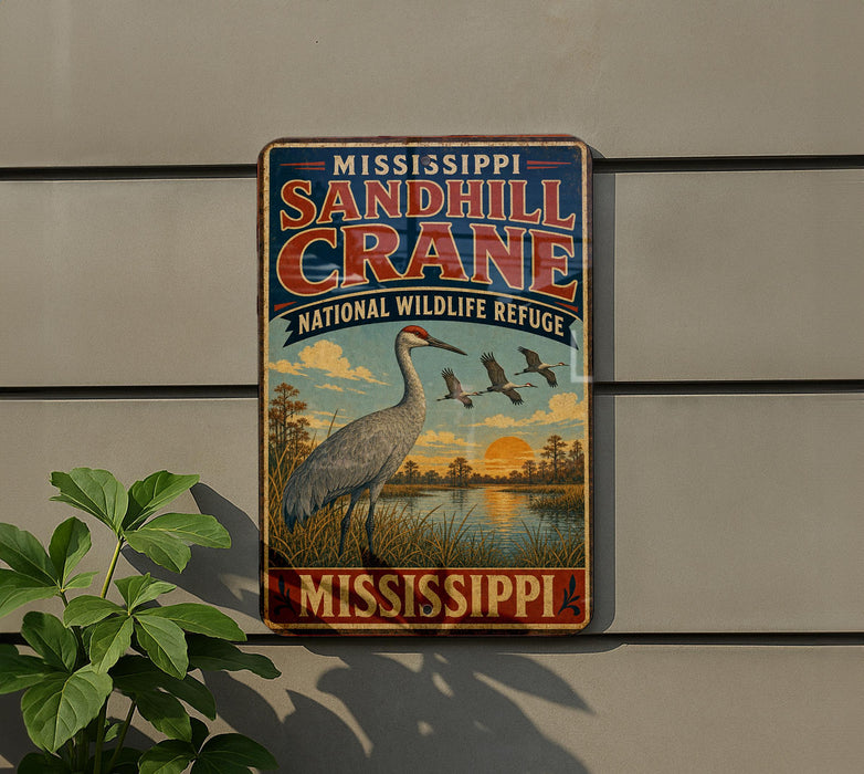 A vintage-style metal sign for the Mississippi Sandhill Crane National Wildlife Refuge, featuring a large crane standing in a grassy field with birds flying in the background.