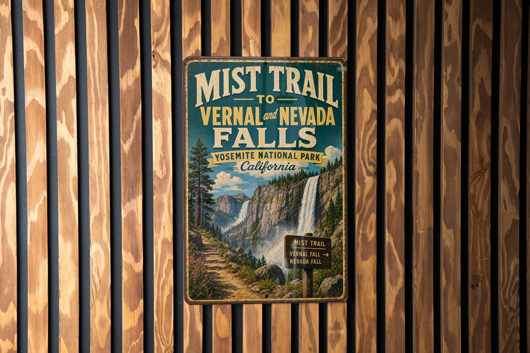 A vintage-style metal sign for the Mist Trail to Vernal and Nevada Falls in Yosemite National Park, California.