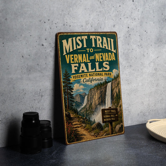 A vintage-style metal sign for the Mist Trail to Vernal and Nevada Falls in Yosemite National Park, California.