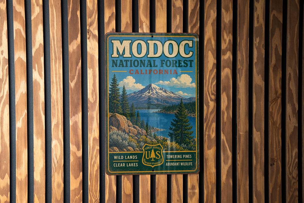 A vintage metal sign for Modoc National Forest, California, featuring a scenic landscape with mountains, forests, and a lake.