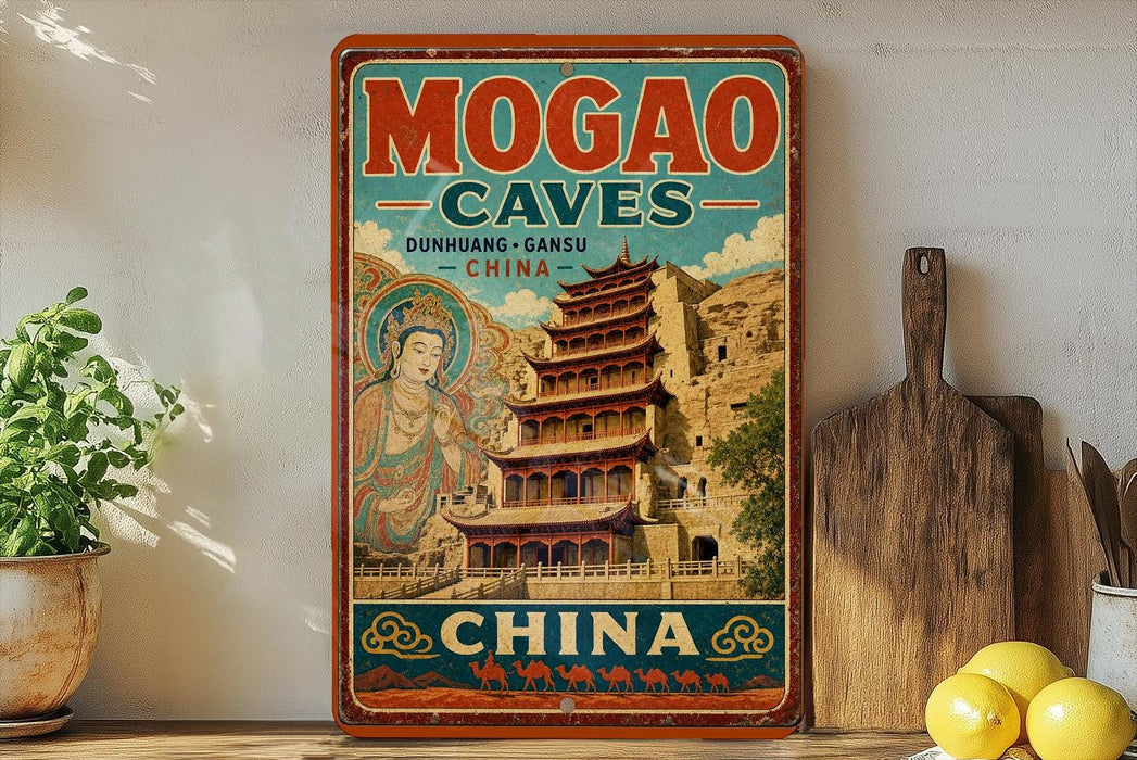 A vintage-style sign advertising the Mogao Caves in China, featuring a colorful illustration of a temple and a Buddhist figure.