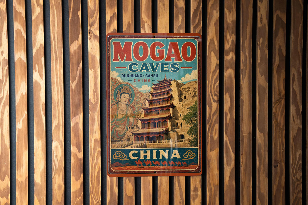A vintage-style metal sign with the text "MOGAO CAVES DUNHANG-GONGU CHINA" and an illustration of a pagoda, hanging on a wooden wall.