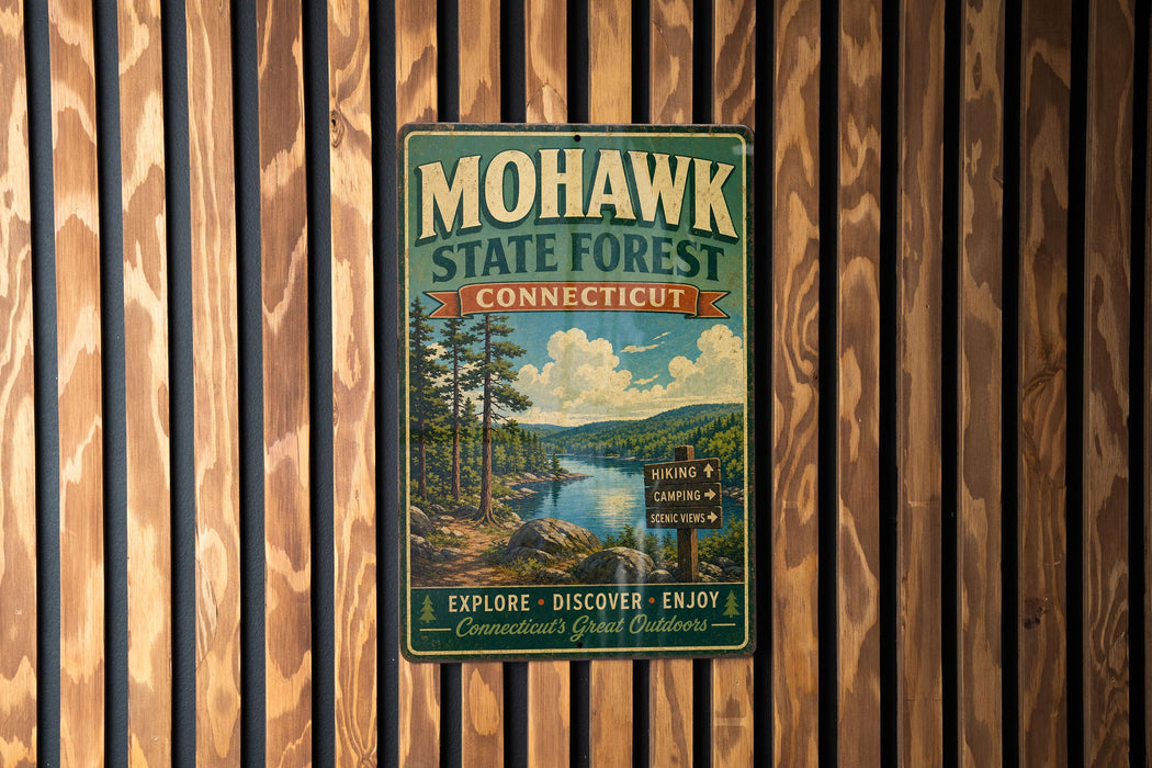 A vintage metal sign for Mohawk State Forest in Connecticut, featuring a scenic landscape with pine trees, a lake, and mountains.