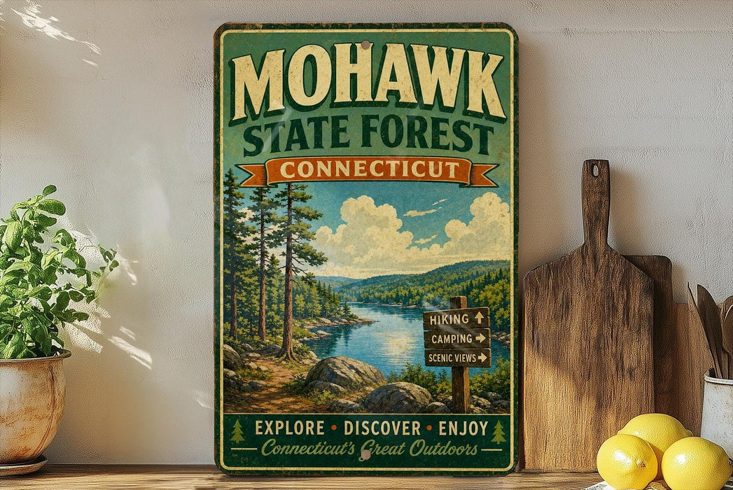 a vintage-style metal sign for the Mohawk State Forest in Connecticut, with a scenic landscape of pine trees, a lake, and mountains in the background.