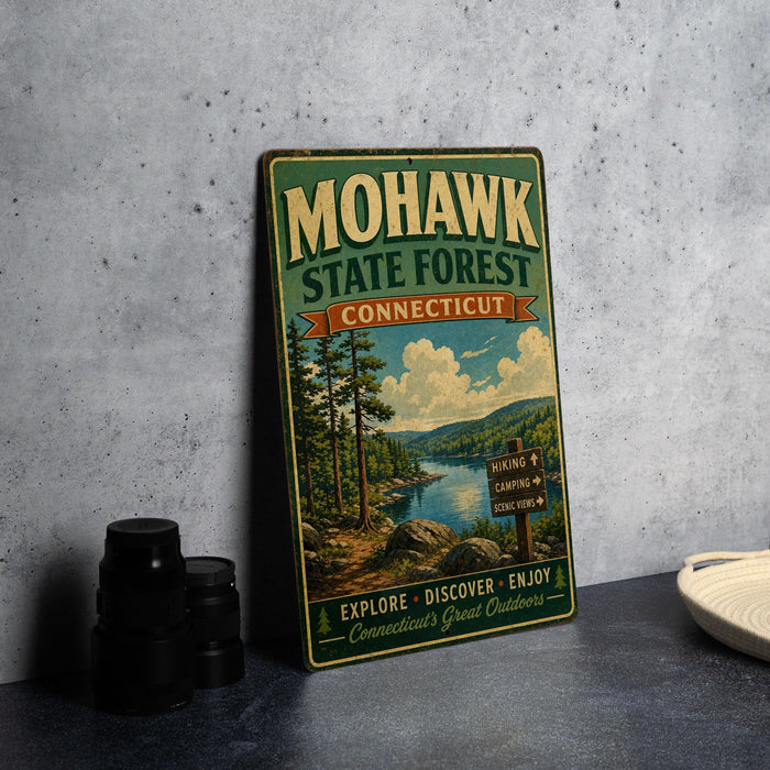 A vintage-style metal sign for the Mohawk State Forest in Connecticut, featuring a scenic landscape with pine trees, a river, and mountains.