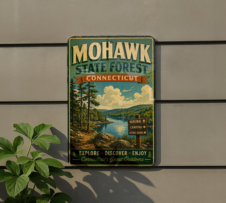 A vintage-style metal sign for Mohawk State Forest in Connecticut, featuring a scenic landscape with pine trees, a lake, and mountains.