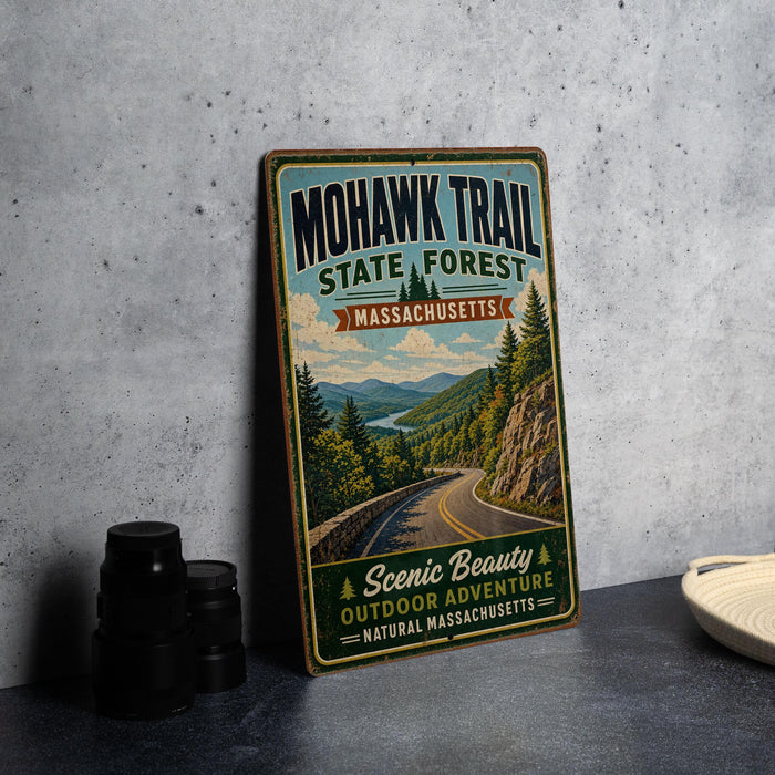 A vintage-style metal sign for the Mohawk Trail in Massachusetts, featuring a scenic mountain landscape and the text "Outdoor Beauty Scenic Adventure Natural Massachusetts".