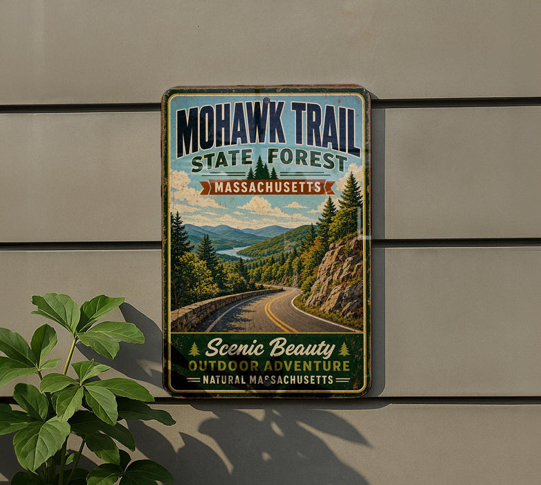 A vintage-style metal sign for the Mohawk Trail in Massachusetts, featuring a scenic mountain landscape with a winding road.