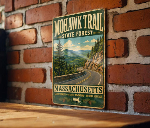 A vintage metal sign for the Mohawk Trail State Forest in Massachusetts, featuring a scenic mountain landscape with a winding road.