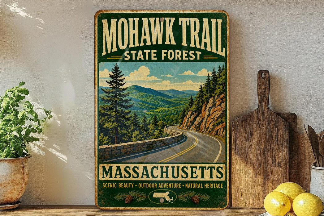 A vintage-style metal sign for the Mohawk Trail State Forest in Massachusetts, featuring a scenic mountain landscape with a winding road.