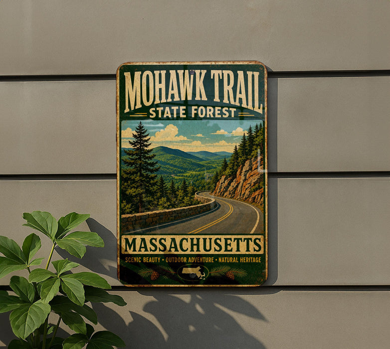 A vintage trail sign for Mohawk Trail in Massachusetts, featuring a scenic mountain landscape with a winding road.