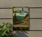 A vintage trail sign for Mohawk Trail in Massachusetts, featuring a scenic mountain landscape with a winding road.