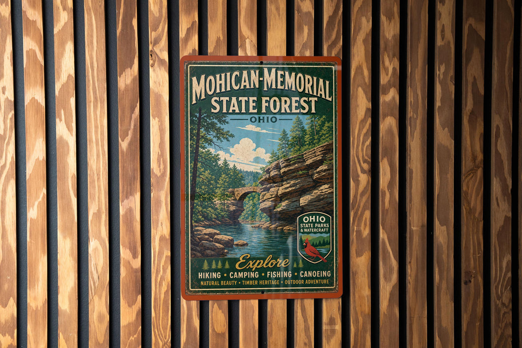 A vintage-style metal sign for the Mohican Memorial State Forest in Ohio, featuring a scenic illustration of a forest and a waterfall.