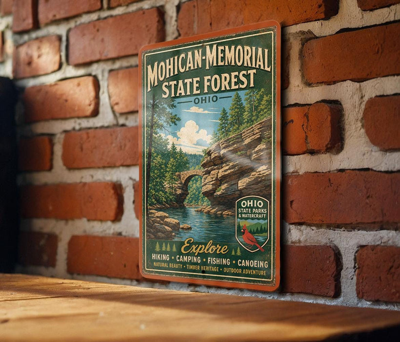 A vintage-style metal sign for the Mohican Memorial State Forest in Ohio, featuring a scenic image of a river and forest.