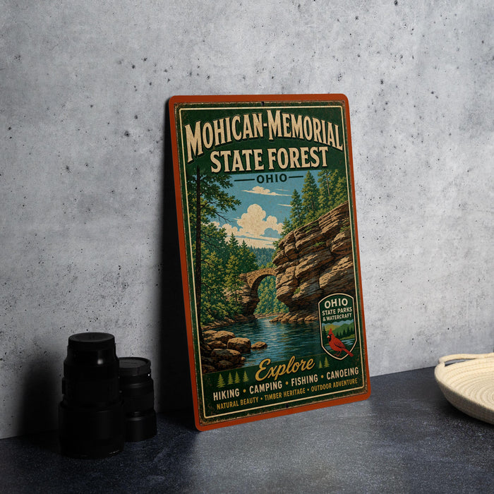 A vintage-style metal sign for the Mohican Memorial State Forest in Ohio, featuring a scenic illustration of a forest and a river.