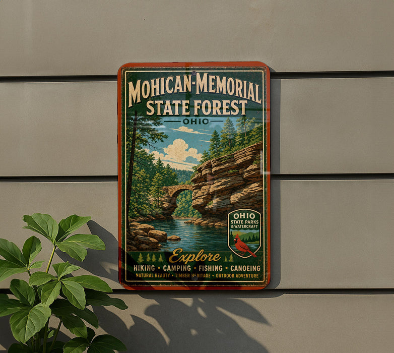 A vintage-style metal sign for the Mohican Memorial State Forest in Ohio, featuring a scenic landscape with a river, trees, and a bridge.