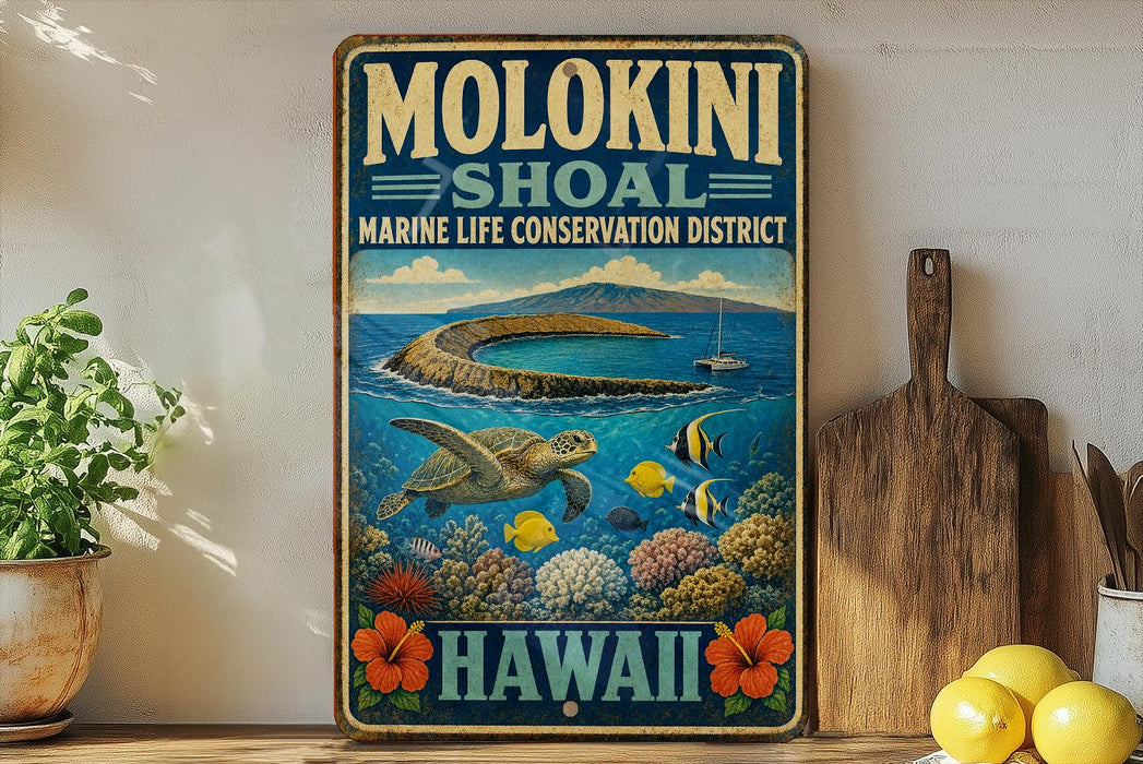 A vintage-style metal sign for Molokini Shoaal, the Marine Life Conservation District in Hawaii, featuring a turtle swimming in the ocean and colorful coral reefs.