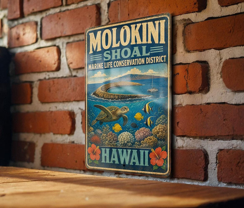 A vintage metal sign for Molokini Shoaal, the Marine Life Conservation District of Hawaii, featuring a turtle swimming among tropical fish and coral.