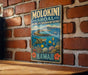 A vintage metal sign for Molokini Shoaal, the Marine Life Conservation District of Hawaii, featuring a turtle swimming among tropical fish and coral.