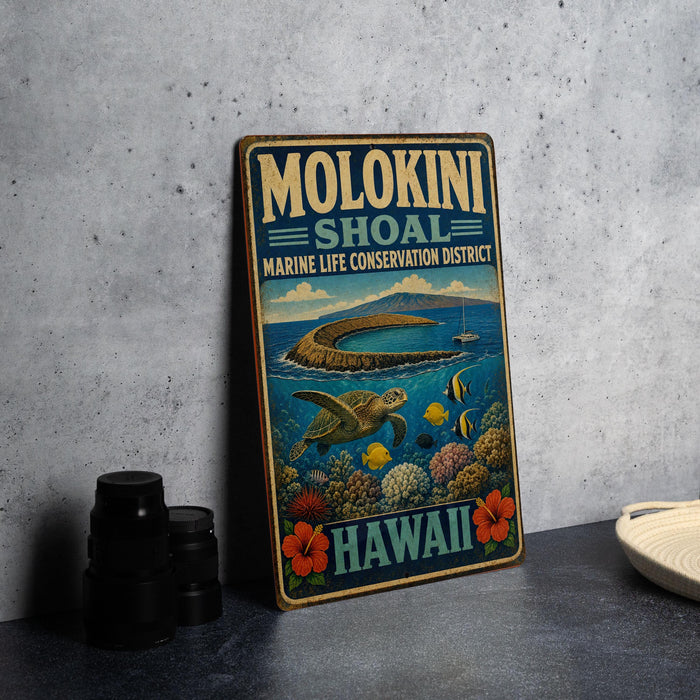 A vintage metal sign for Molokini Shoaal Marine Life Conservation District, featuring a turtle and tropical fish, is displayed on a gray countertop.
