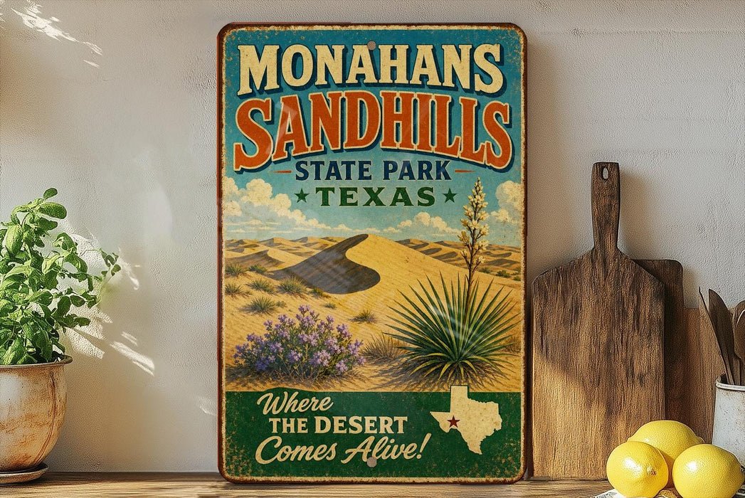 a vintage-style sign for Monahans Sandhills State Park in Texas, with a desert landscape and desert plants depicted on the sign.