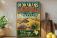 a vintage-style sign for Monahans Sandhills State Park in Texas, with a desert landscape and desert plants depicted on the sign.