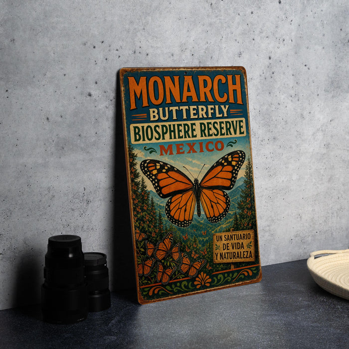 A vintage-style metal sign with the text "MONARCH BUTTERFLY BIOSPHERE RESERVE MEXICO" and an illustration of a butterfly. The sign is placed on a gray countertop next to a stack of black camera lenses.