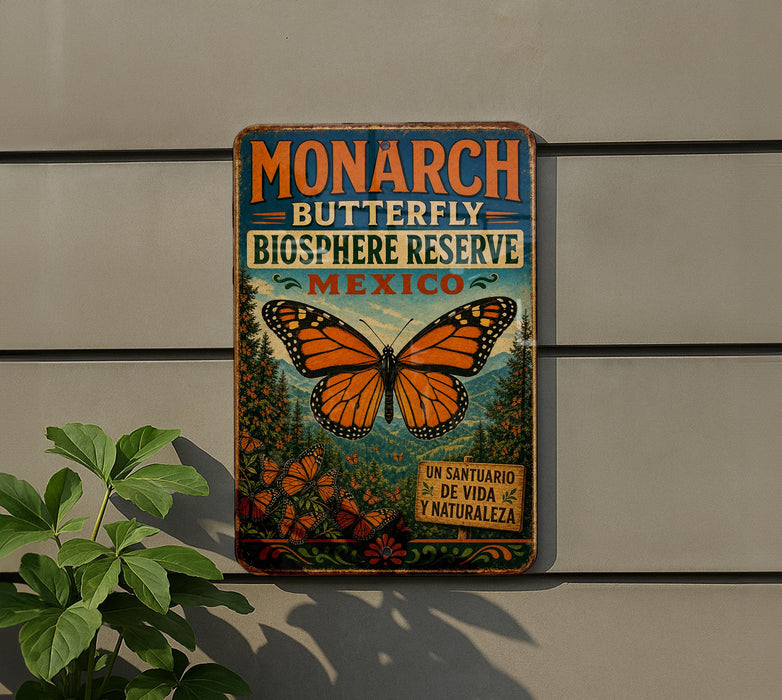 A vintage-style metal sign with a butterfly design, advertising the Monarch Butterfly Biosphere Reserve in Mexico.