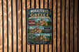 a vintage metal sign advertising the Monasteries of Greece, with images of various Greek temples and buildings.