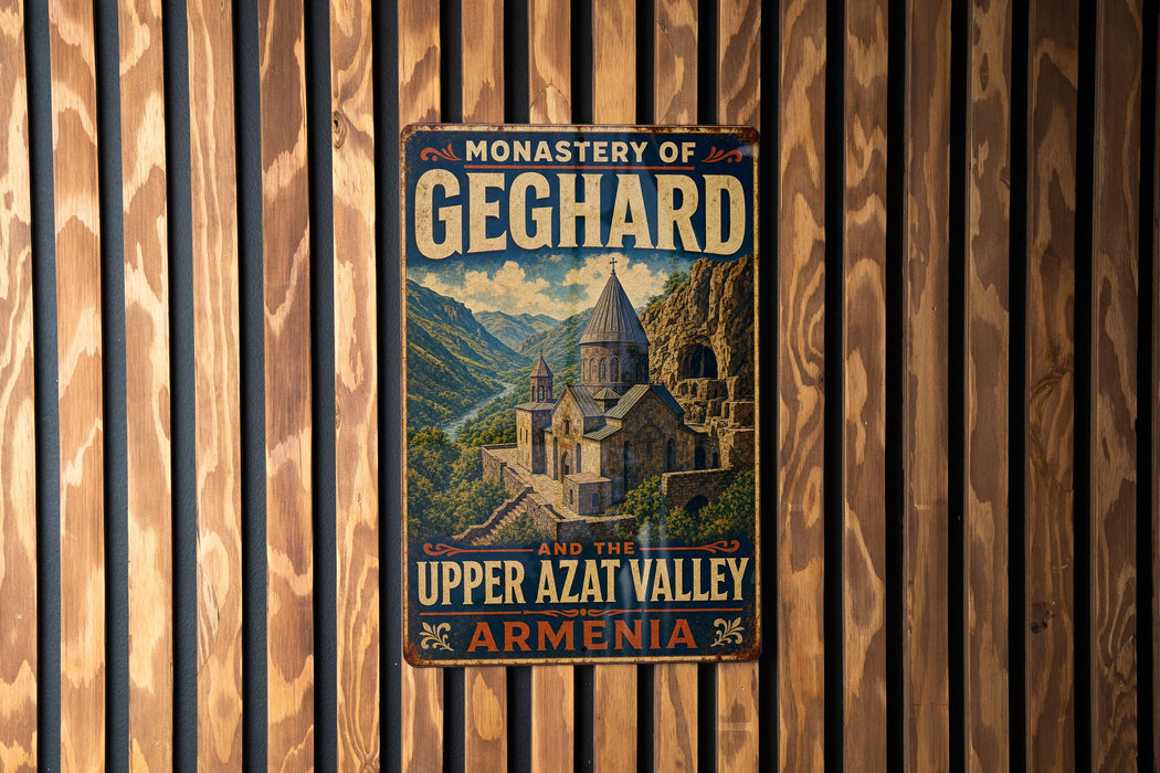 A vintage metal sign with the text "MONASTERY OF GEGHARD AND THE UPPER AZT VALLEY ARMENIA" is displayed on a wooden wall.